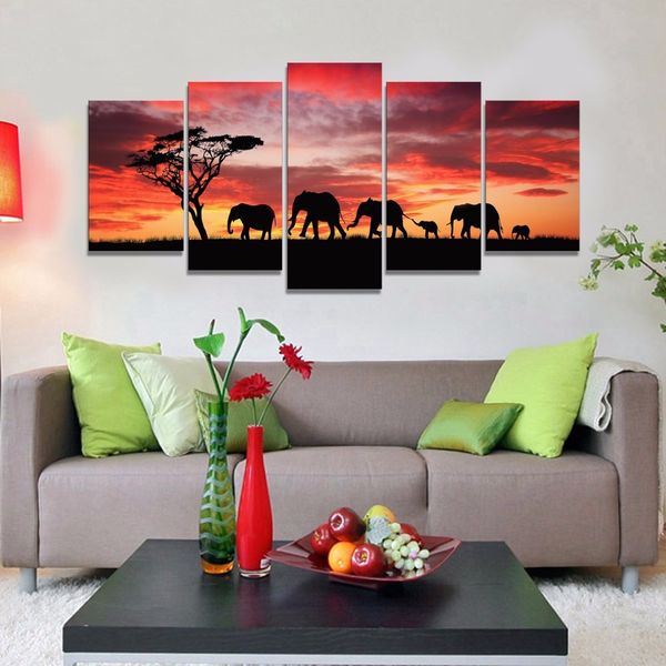 

5panel modern africa elephant landscape oil painting on canvas for living room wall art gift decoration home no frame