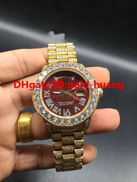 

new luxury 40mm big diamond mechanical man watch (red, green dial) all diamond band automatic stainless steel men's watches, Slivery;brown