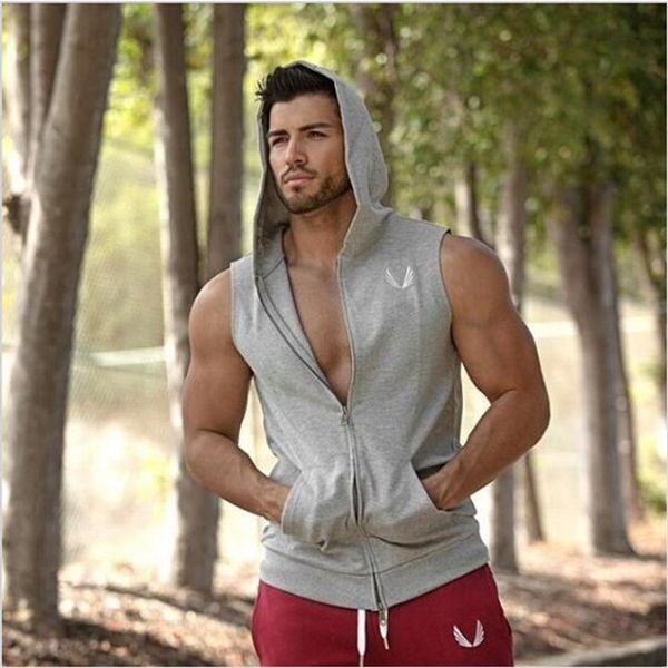 

wholesale-men cotton hoodie sweatshirts fitness clothes bodybuilding tank men sleeveless tees shirt casual golds vest, Black