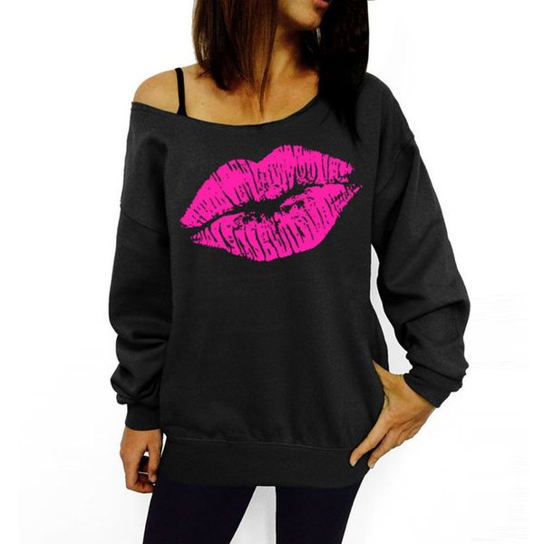 

wholesale- 2017 fleece sweatshirts women red big lips printed off shoulder long-sleeved edge pullovers hoodies sudaderas mujer, Black