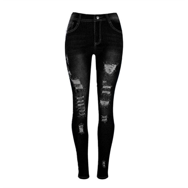 

wholesale- europe plus size s-xl elastic fabric ripped jeans for women holes bleached washed jeans with high waist skinny pencil trousers, Blue