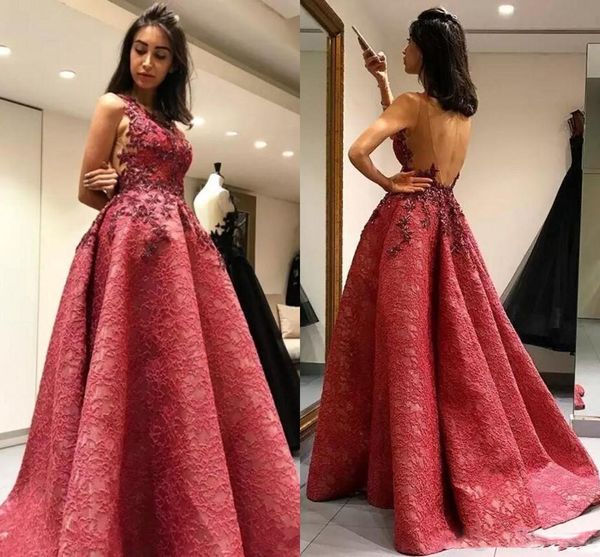 New Dark Red Cheia de Renda Apliques 2017 Vestidos de Noite Formal Backless Prom Vestidos de Celebridade Vestido com Trem Da Varredura Frete Grátis