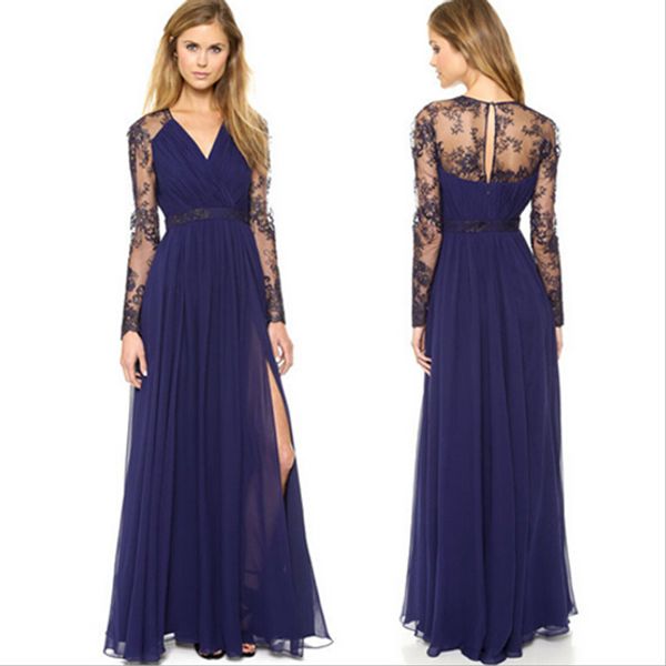 

2017 lace women maxi dresses deep v casual plus size empire long sleeve chiffon party dresse dark blue 170520-a, Black;gray