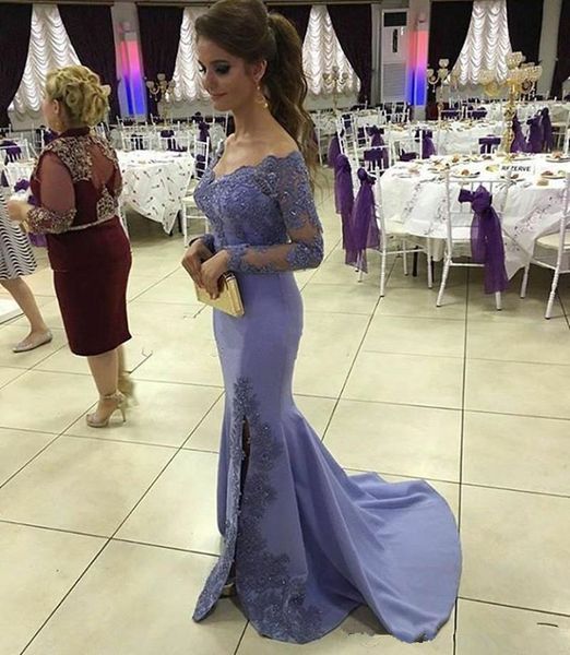 Lavendel Spitze Abendkleider 2017 Illusion Langarm Sheer Mermaid Abendkleider Lace Party Dress Off-Schulter Abendgarderobe Side Split
