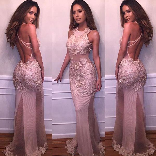 

dusty rose mermaid prom dresses 2017 illusion bodices lace appliqued backless evening dresses floor length tulle celebrity gowns, Black