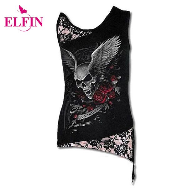 

wholesale- women t-shirt skull print sleeveless punk tee shirt lace patchwork black tee pullovers plus size lj8403r, White