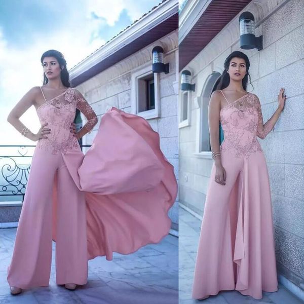 Árabe 2018 Chiffon de Cetim Rosa de Um Ombro Manga Comprida Macacão Vestidos de Festa À Noite Desgaste Modest Vestidos Formais Custom Made EN9295