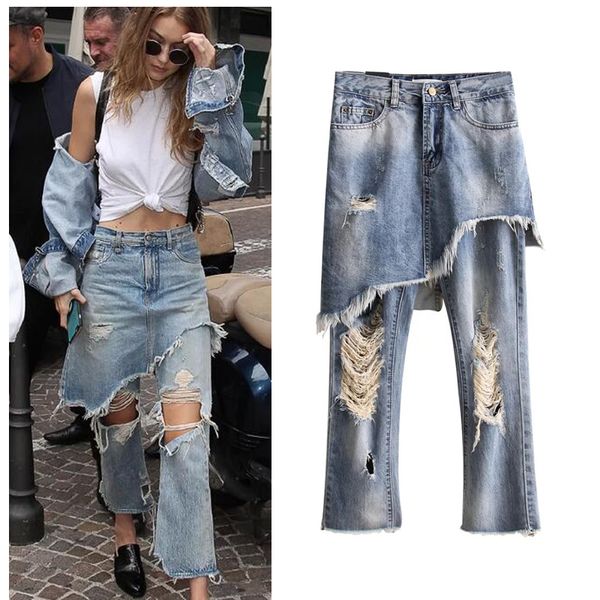 2019 Hot Gigi Hadid Denim Tassel Hem Irregular Culottes Faux Two Pieces High Waist Knee Big Holes Cowboy Jeans Pantskirt From Merlingoods 3217