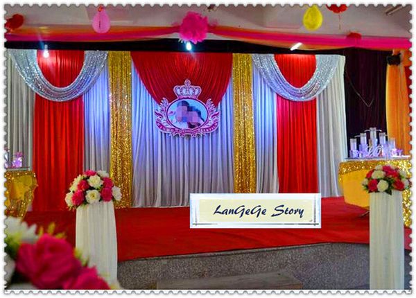 

ice silk backdrop\pure white back curtains with red drapes and silver sequin swags/10ft height and 20ft width