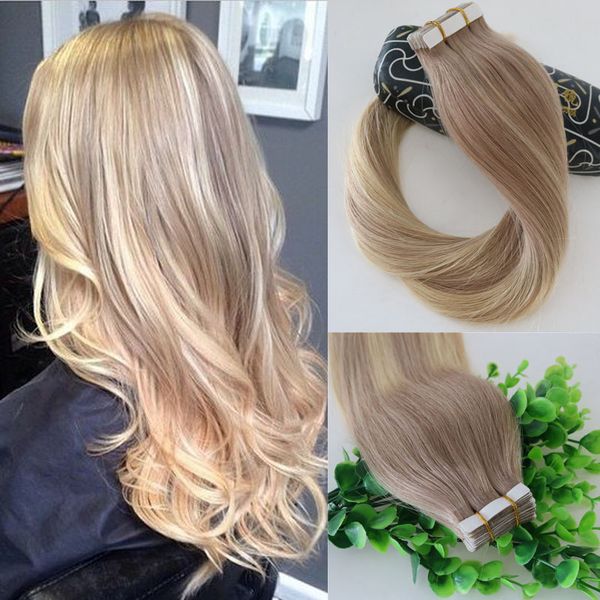 

#18 #613 balayage ombre color ash blonde fading to golden blonde brazilian human remy hair glue skin weft 40pcs tape in hair extensions, Black