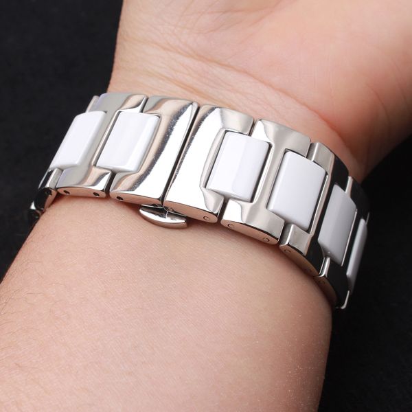 

14mm 16mm 18mm 20mm 22mm stainless steel watchband strap bracelet wrap ceramic white polished beautiful accessories wristwatch bands fashion, Black;brown