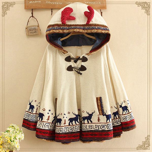 

wholesale- mori girl winter printed deer horn button hooded cloak cape preppy fleece pancho jacket sweet outercoat women clothing, Black;brown