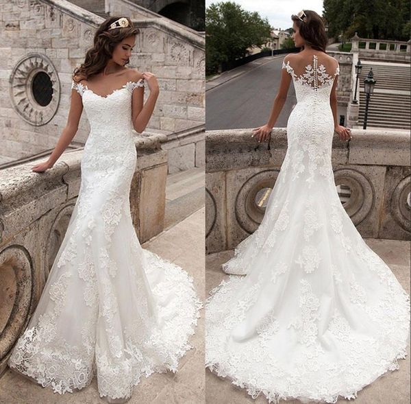 

2019 plus size mermaid wedding dresses scoop neck appliques short sleeve lace vestido de noiva sleeveless bridal dresses cps542, White