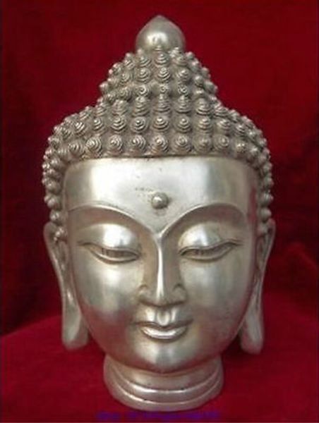 14*9 cm Bouddhisme Blanc Cuivre Shakyamuni Bouddha Tête Buste Statue Figur Dekoration des Gartens 100 % Réel Tibétain Argent En Laiton