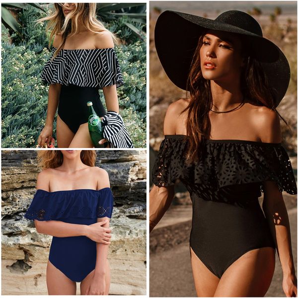 

Off Shoulder One Piece Swimsuit Women Ruffle Swimwear Retro Black Bodysuit Monokini Classic Vintage Bathing Suit Femme Bain