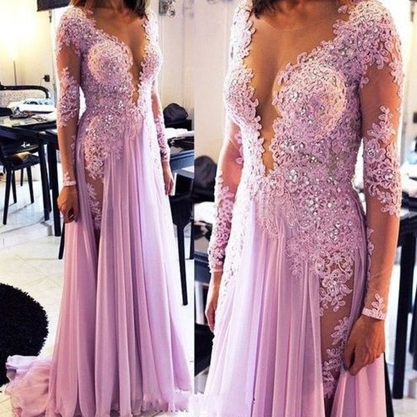 

Fashion low bust prom dresses 2019 appliques lace beaded long sleeve women pageant gowns evening dress sexy chiffon formal party dress