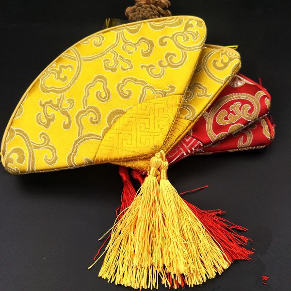 Tassel Fan Shaped 2pcs favor Coin Purse Bag Zipper Chinese Silk Brocade Jóias Maquiagem armazenamento Wedding Party Bag Colar Pulseira Pouch / lot