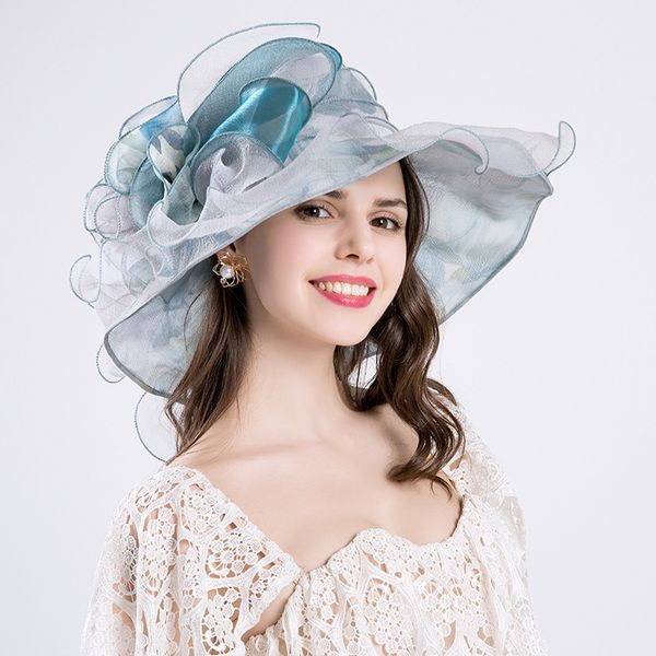 

factory elegant blue fine gauze large brim hat party church wedding hats fashion hat sun hats 6 colors, Blue;gray