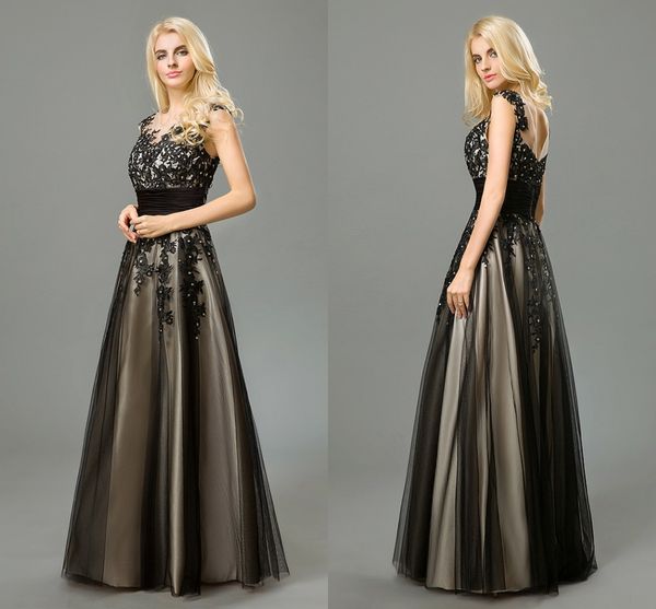 

2021 real vintage prom dresses boat neck a line sleeveless appliques lace beaded formal dresses evening wear, Black