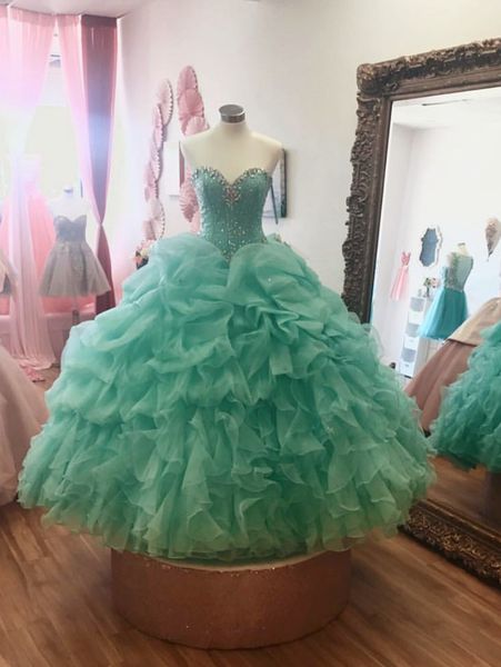 2018 Real Photo Mint Verde Babados Evening Prom Vestidos De Baile Vestidos Para Meninas Partido Querida Cristal Organza Lace up Voltar Quinceanera Vestido