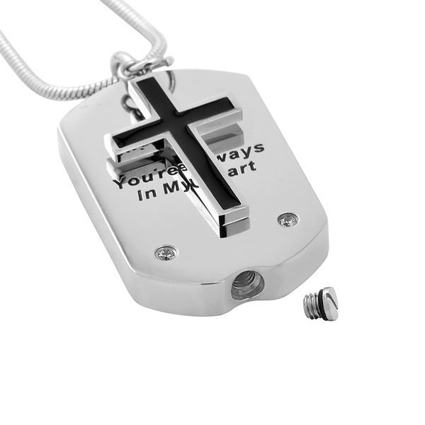 

lkj9733 "you're always in my heart" cross charm stainless steel cremation urn pendant necklace memorial ash urn jewelry, Silver