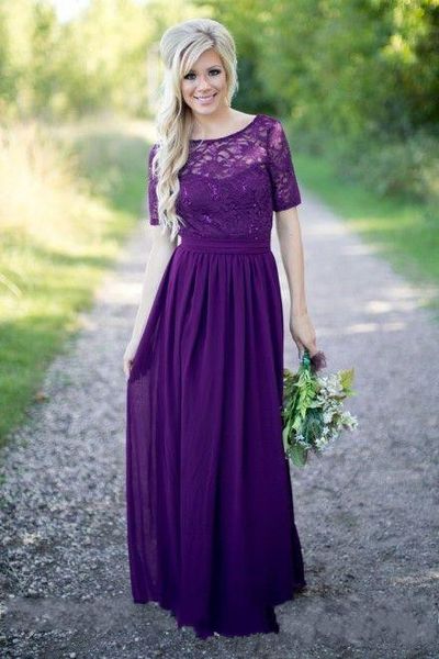 

2017 navy blue purple chiffon country lace long bridesmaid dresses for weddings short sleeves beaded floor length maid of honor gowns, Blue;red
