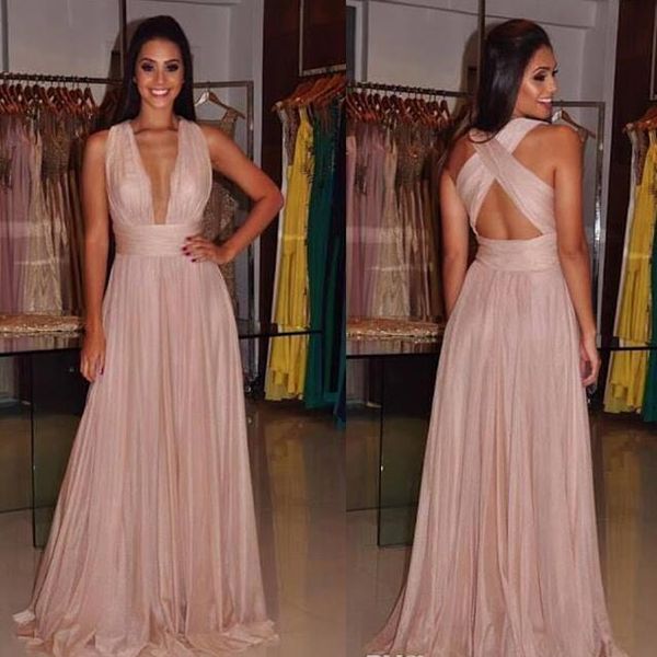 

2017 sexy уникальный крест-накрест спинки платья выпускного вечера простой линии складки длина пола вечерние платья невесты v шеи плюс разме, Black