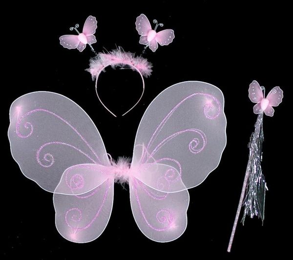 Kinder Mädchen Engelsflügel Kostüm Fairy Schmetterlingsflügel Set Halloween Cosplay Stirnband + Zauberstab + Schmetterlingsflügel 3pcs / satz G458