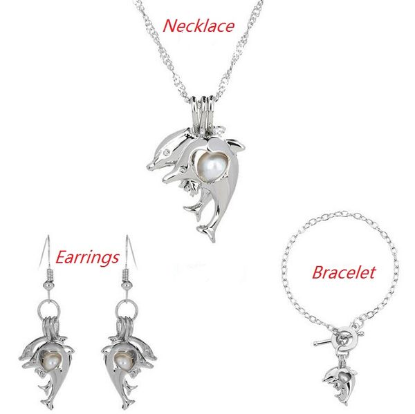 

love wish pearl cages locket jewelry sets hollow dolphin freshwater pearls oyster pendant bracelet earrings necklace(excluding pearl canned, Black
