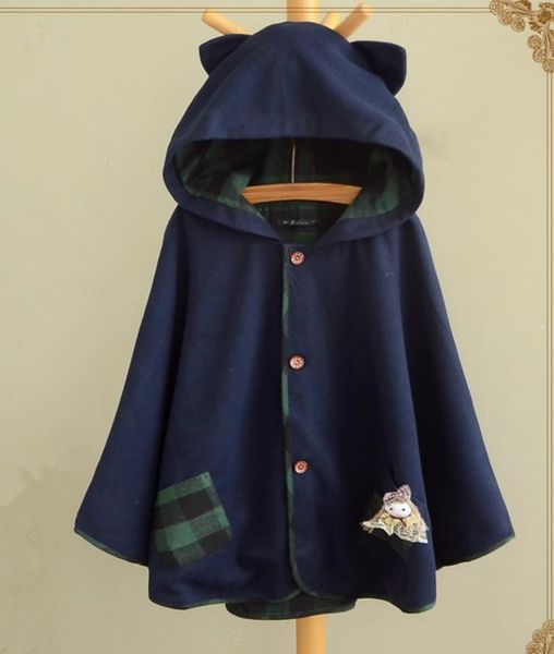 

cat's ear shawl cloak hooded women cute hoody cape long sleeve patchwork plaid doll pockets single breasted cloak woman coat ing, Black