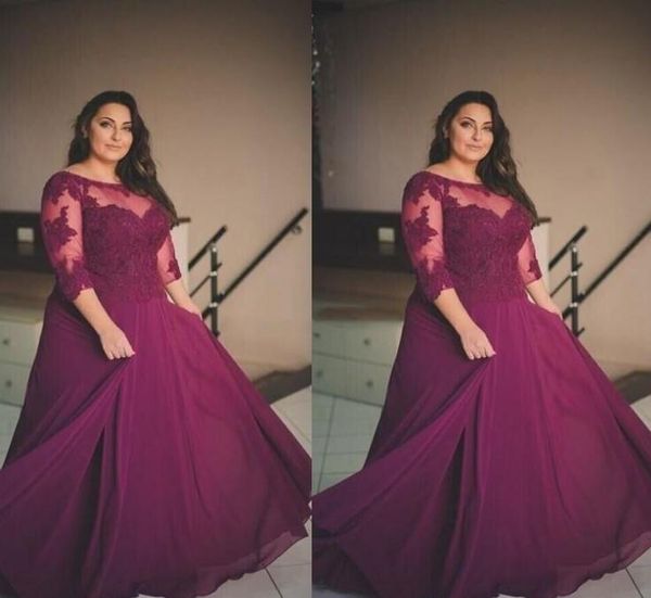 

plus size burgundy prom dresses 2017 lace applique half long sleeve evening gowns sheer neck chiffon a line formal party dresses custom made, Black