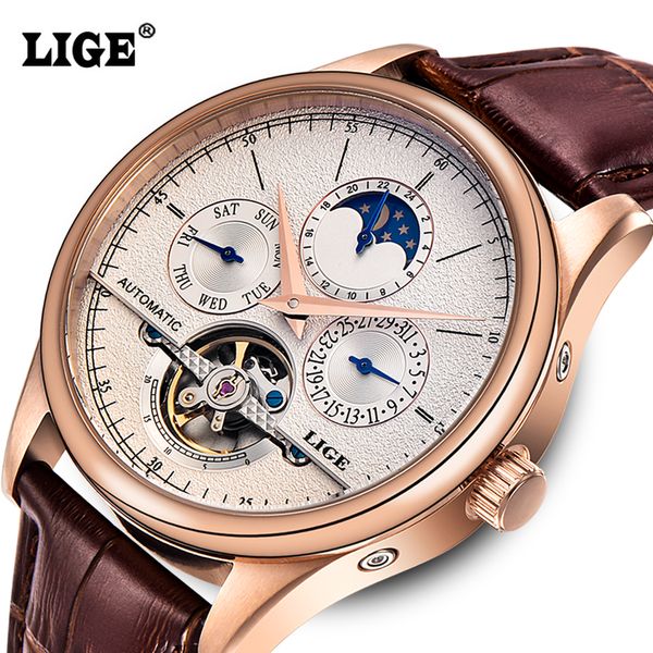 

wholesale- lige brand men's watches six-pin moon phases automatic watch men dive 50m fashion casual leather wristwatches relogio mascul, Slivery;brown
