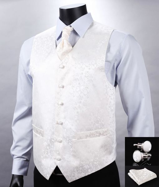 

wholesale- ve05 white beige floral wedding men 100%silk waistcoat vest pocket square cufflinks cravat set for suit tuxedo, Black;white