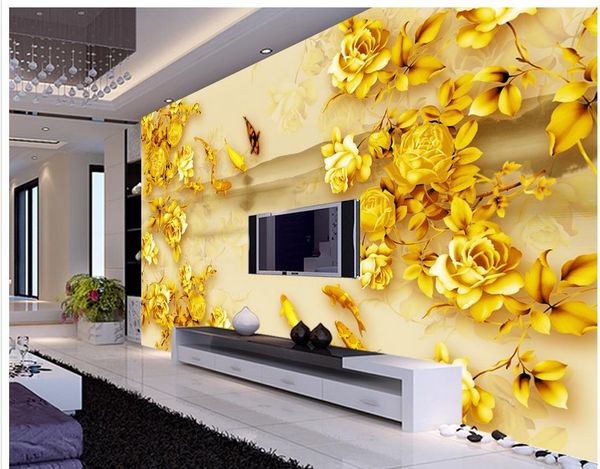 

golden color carved roses carp new chinese tv background wall mural 3d wallpaper 3d wall papers for tv backdrop