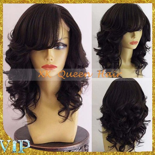 

peruvian body wave lace front wigs with side part bangs virgin hair full lace human hair wigs glueless lace wig, Black;brown