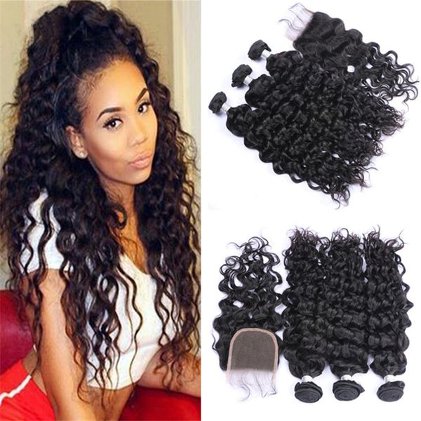 Brazilian Water Wave Virgin Hair Bundles With 4 4 Lace Closure Wet