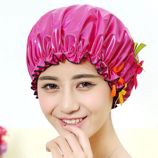 

wholesale- 5 colors new pure color tpu women shower cap waterproof shower hair cap double layer bathing cap bathroom products h414