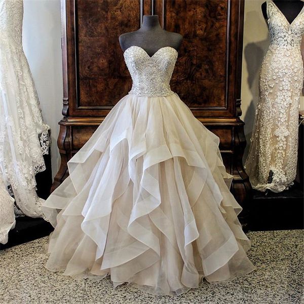 

Gorgeous Embroidery Beading Sweetheart Ruffled Organza Layered Grey Wedding Ball Gown Dress with Color Crystals Bridal Gowns