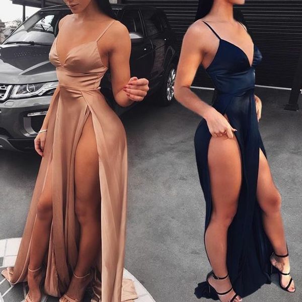 

sell champagne/navy blue split side spaghetti straps long prom dresses evening gowns party dress in stock for women, Red