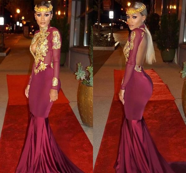 

long sleeves mermaid prom dresses high neck appliques beaded gold satin burgundy backless african black girls evening party dresses