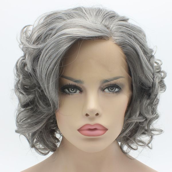 

iwona hair wavy short 24# old grey wig half hand tied heat resistant synthetic lace front wig, Black