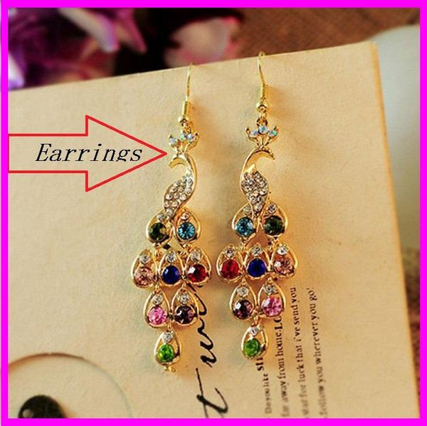 

retro multicolor diamond peacock earrings bohemia wind alloy diamond earrings exquisite drop shaped female jewelry trade acc243, Silver