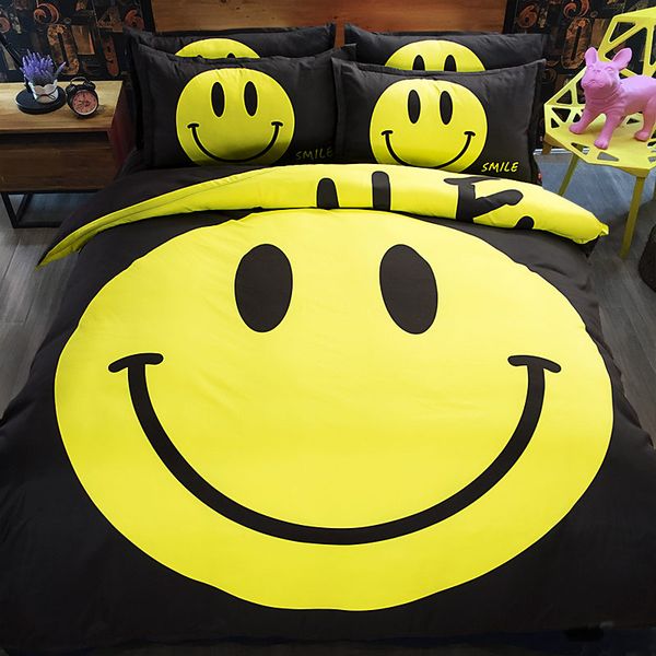 Hot Sale Black Yellow Smiling Face Printing Bedding Sets Fabric