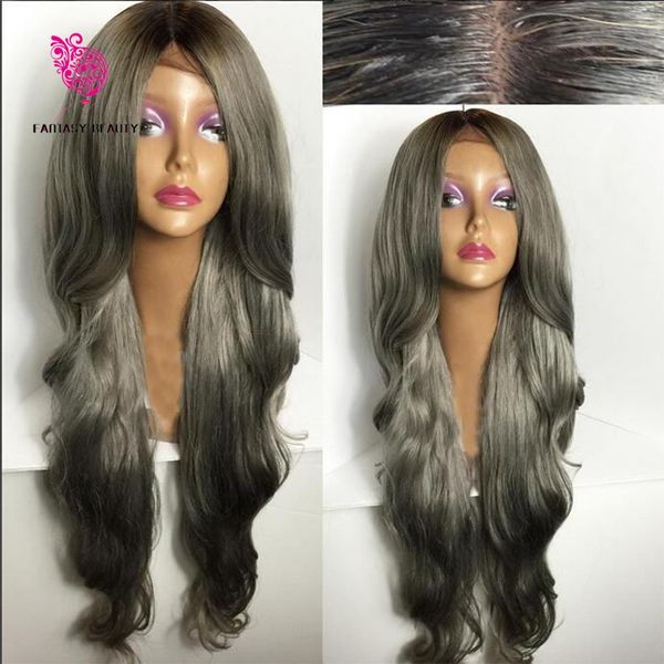 Fashion Ombre Silver Grey Bodywave Lace Front Wig Glueless Long