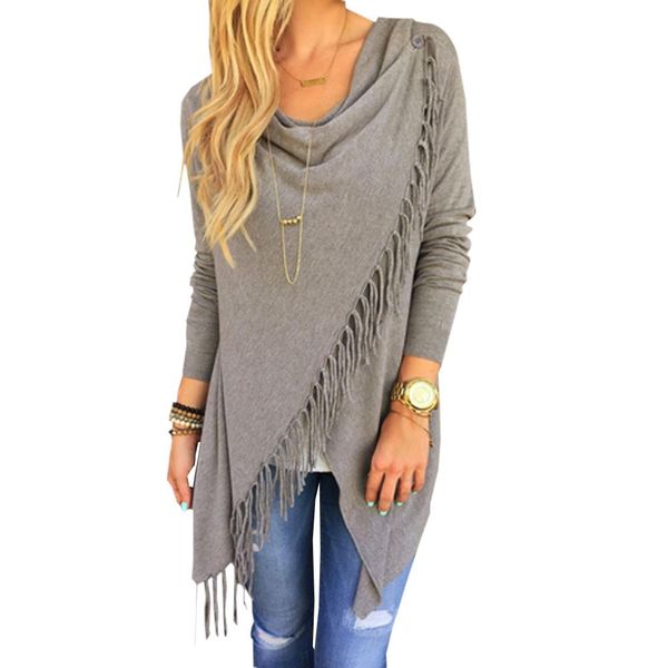 

wholesale-grey tassel sweater women long sleeve black knitted pullover loose casual irregular poncho outwear draped fringe 2015 boho, White;black