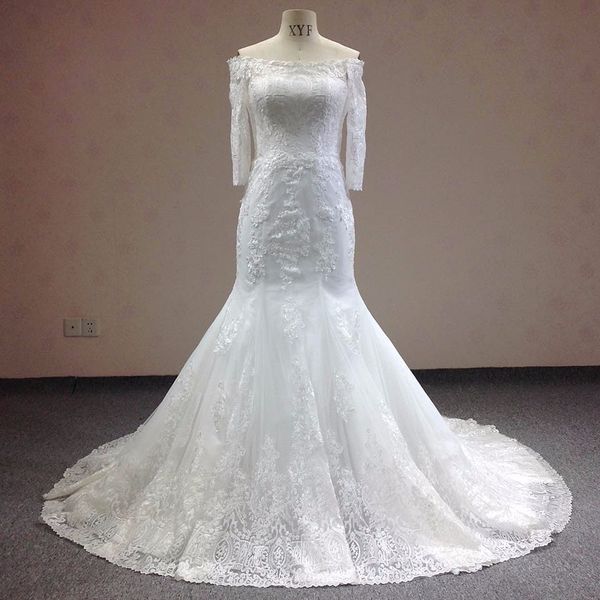 

romantic sweetheart boat neck lace tulle mermaid wedding dress 2018 court train bridal gown lace up wedding gowns, White