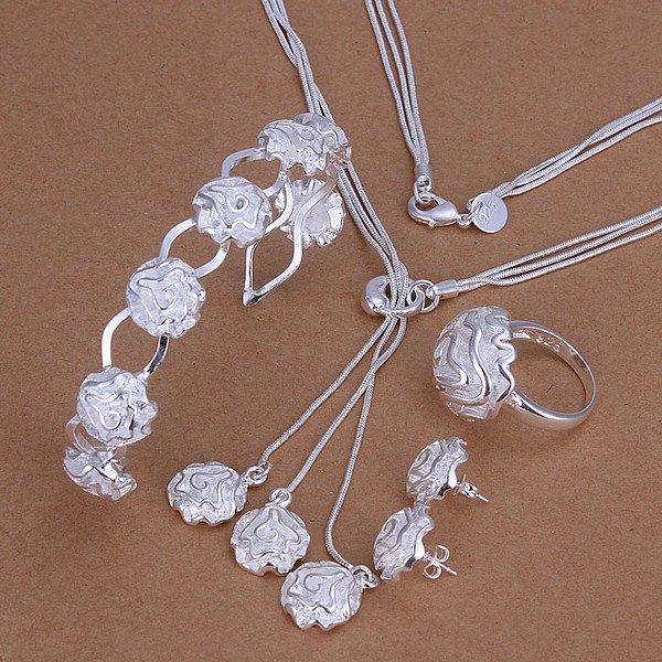 

wedding roses sterling silver plated jewelry set for women es268,fashion 925 silver necklace bracelet earring ring set, Black