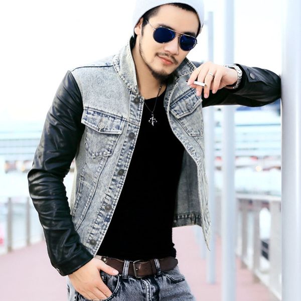 

wholesale- fashion men`s denim jacket with leather sleeves slim fit vintage patchwork acid washed jean jacket for men, Black;brown
