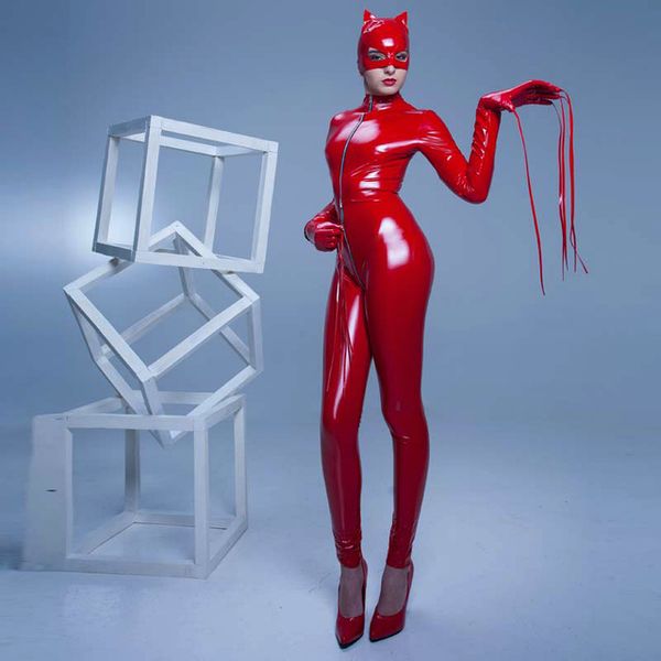 Máscara preta Red Glove Catsuit Mulheres Sexy Bodysuit PVC Jumpsuit Catwoman Cosplay Halloween do vestido extravagante