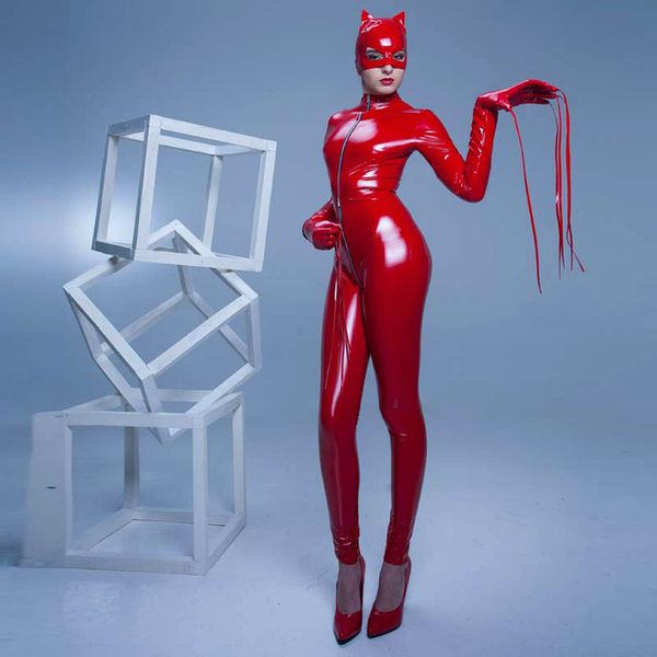 Siyah Kırmızı Maske Eldiven Catsuit Kadınlar Seksi Bodysuit PVC Tulum Kedi Kadın Cosplay Kostüm Cadılar Bayramı Fantezi Elbise